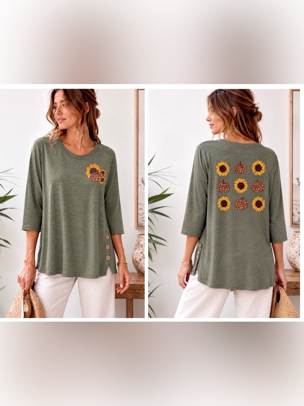WOMEN FALL THANKSGIVING PUMPKIN TOP 0X/1X RAYON SLUB COTTAGECORE SUNFLOWERS $55